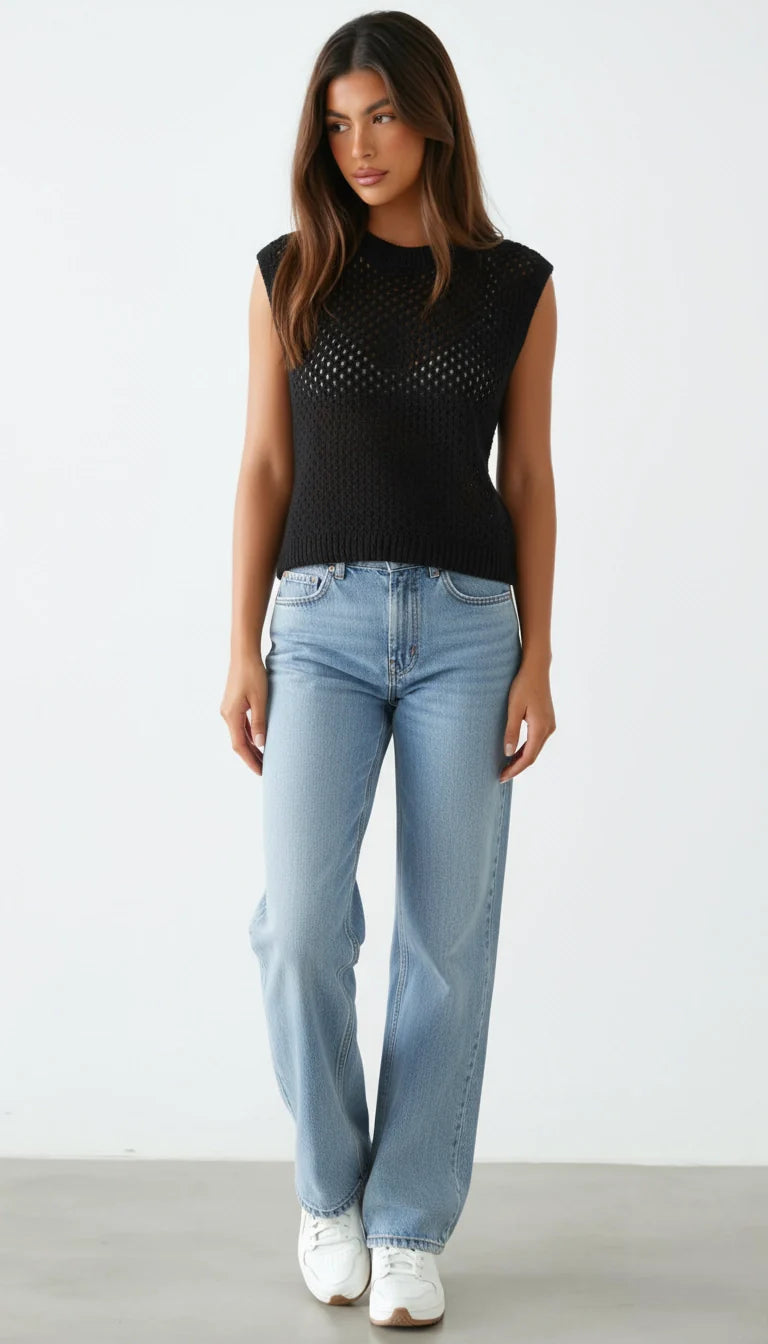 Danique - Mouwloze Gebreide Trui met Ronde Hals