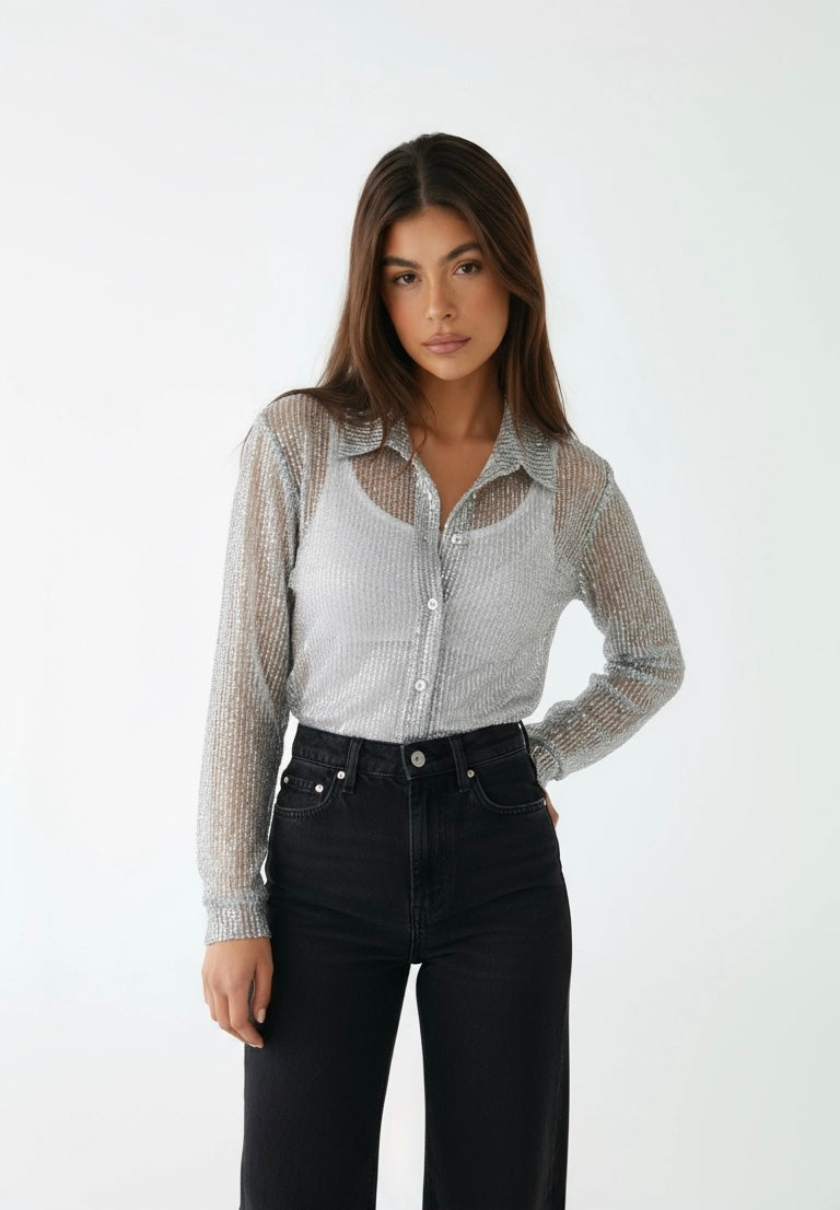 Isa - Glitter Blouse met Knoopsluiting